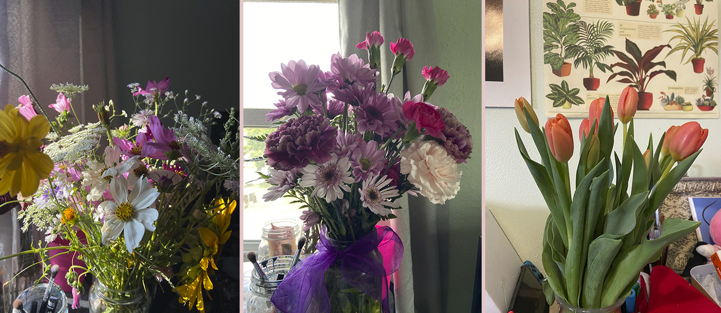 three bouquets lined up